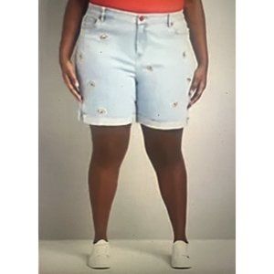 LANE BRYANT SIG FIT BOYFRIEND MIDI SHORT LIGHT WASH EMBROIDERED RAINBOWS SIZE 20